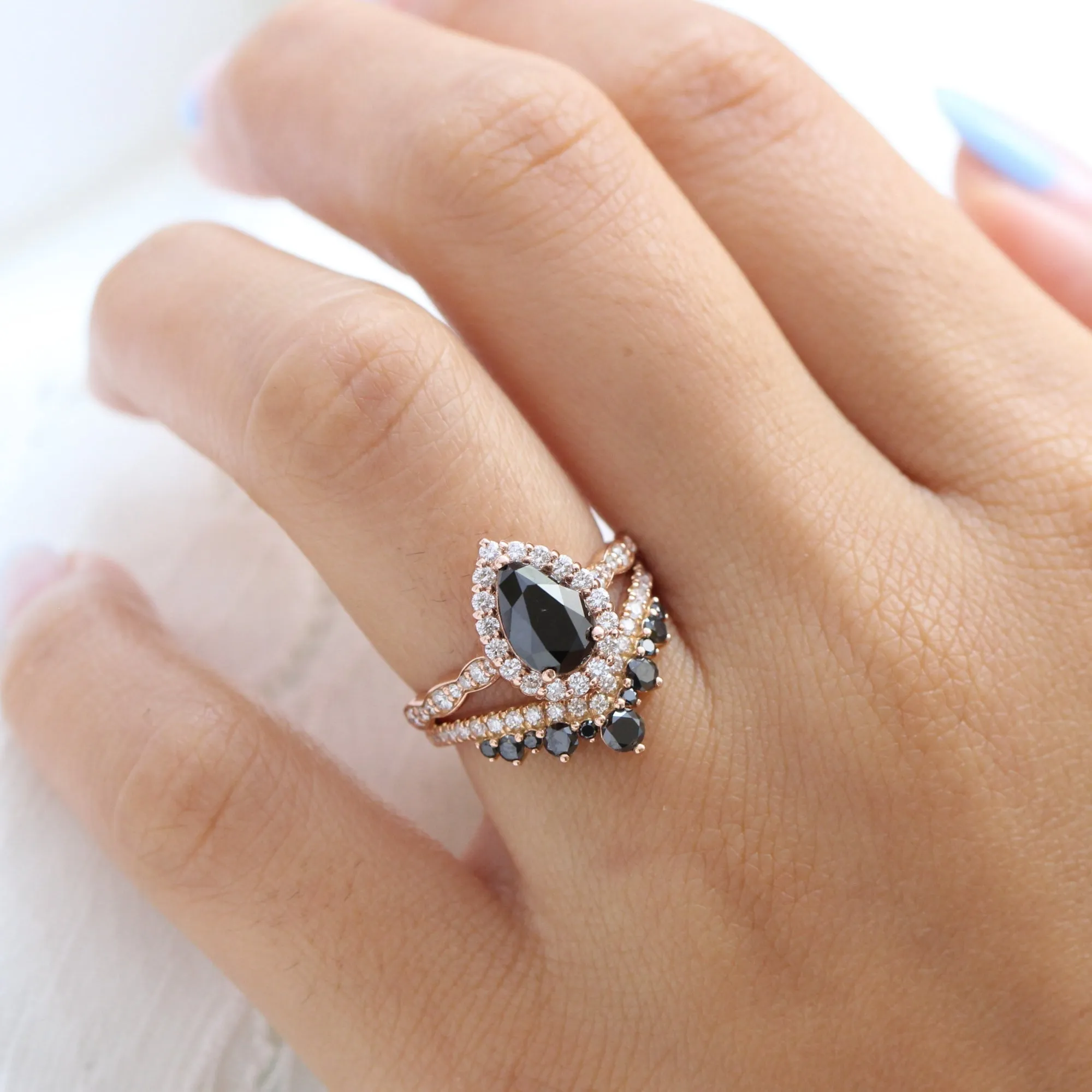 Luna Halo Black Diamond Pear Ring Set w/ Large Tiara Diamond Wedding Band