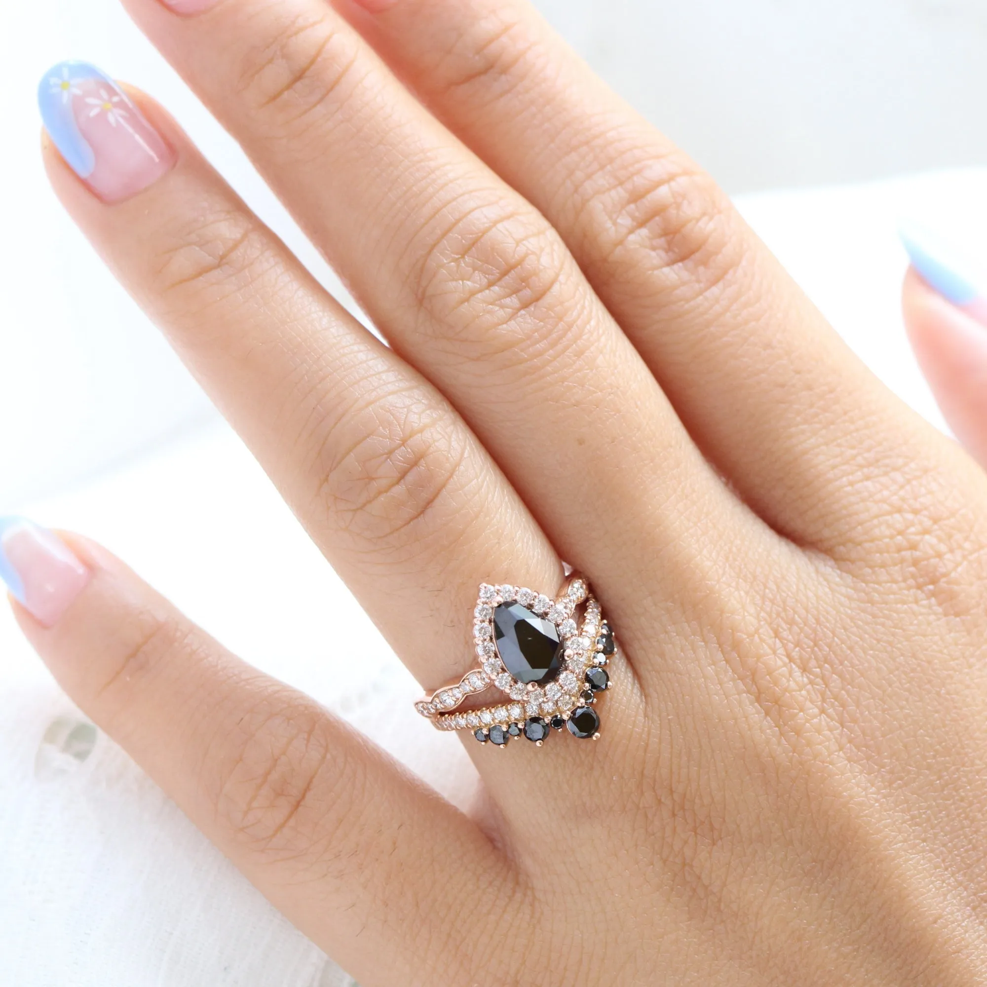 Luna Halo Black Diamond Pear Ring Set w/ Large Tiara Diamond Wedding Band
