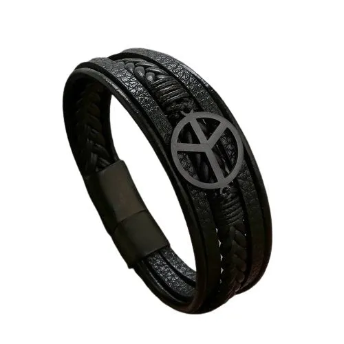 Marshal Peace Sign Mens Leather Bracelet with Clasp Cowhide Multi-Layer Braided Leather Mens Bracelet