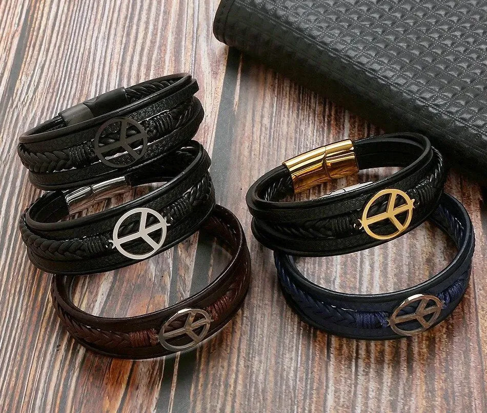 Marshal Peace Sign Mens Leather Bracelet with Clasp Cowhide Multi-Layer Braided Leather Mens Bracelet