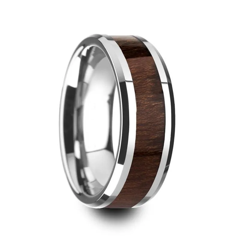 Men's Carpathian Wood Inlaid Tungsten Wedding Band With Polished Beveled Edges 8mm