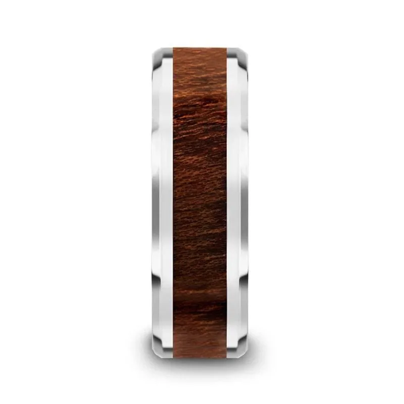Men's Carpathian Wood Inlaid Tungsten Wedding Band With Polished Beveled Edges 8mm