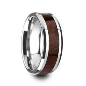 Men's Carpathian Wood Inlaid Tungsten Wedding Band With Polished Beveled Edges 8mm