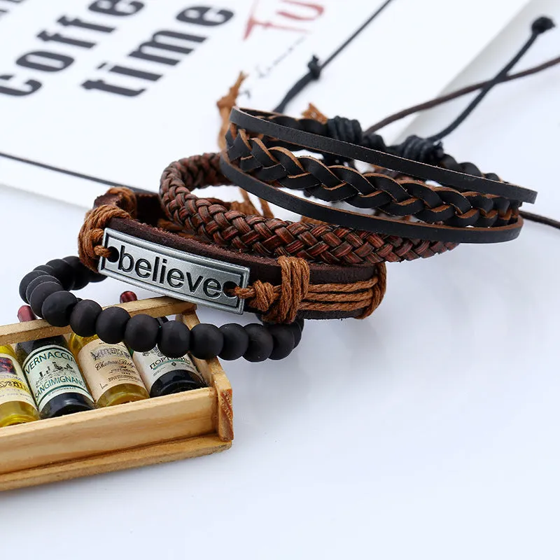 Men's Cattle Leather Bracelet European and American Vintage Weave DIY Leather Bracelet
