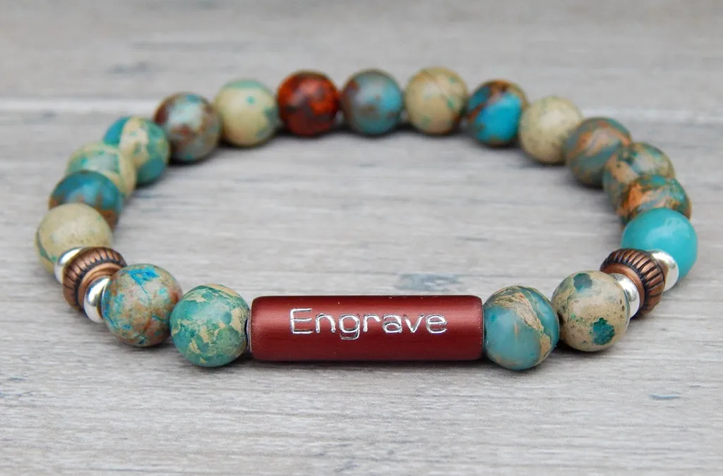 Mens Engraved Bracelet - Blue Jasper Beaded Bracelet