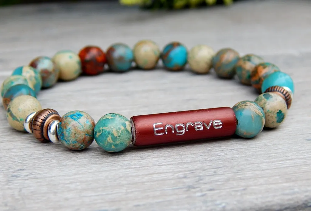 Mens Engraved Bracelet - Blue Jasper Beaded Bracelet