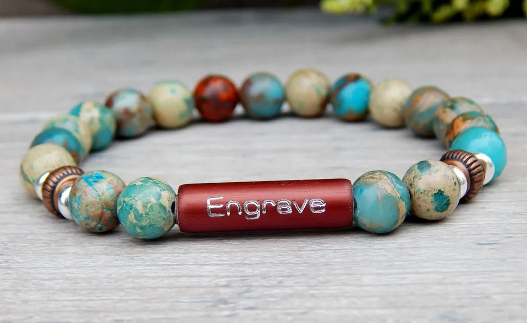 Mens Engraved Bracelet - Blue Jasper Beaded Bracelet