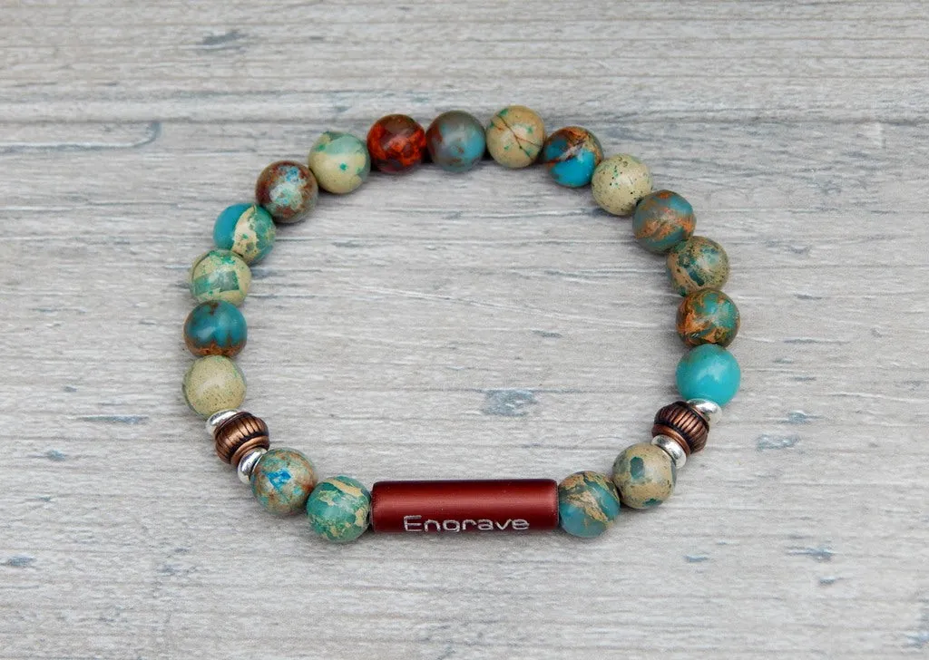 Mens Engraved Bracelet - Blue Jasper Beaded Bracelet