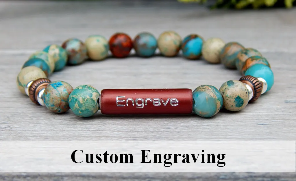 Mens Engraved Bracelet - Blue Jasper Beaded Bracelet