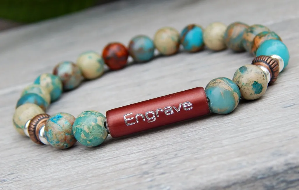 Mens Engraved Bracelet - Blue Jasper Beaded Bracelet
