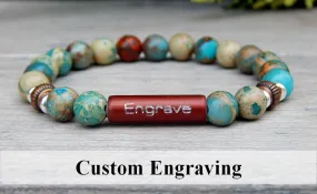 Mens Engraved Bracelet - Blue Jasper Beaded Bracelet