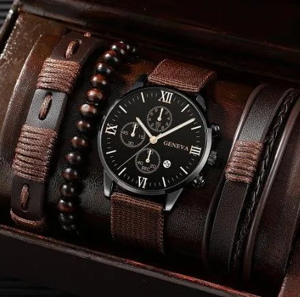 Men's Fashion Simple Quartz Watch All-match Beaded Bracelet