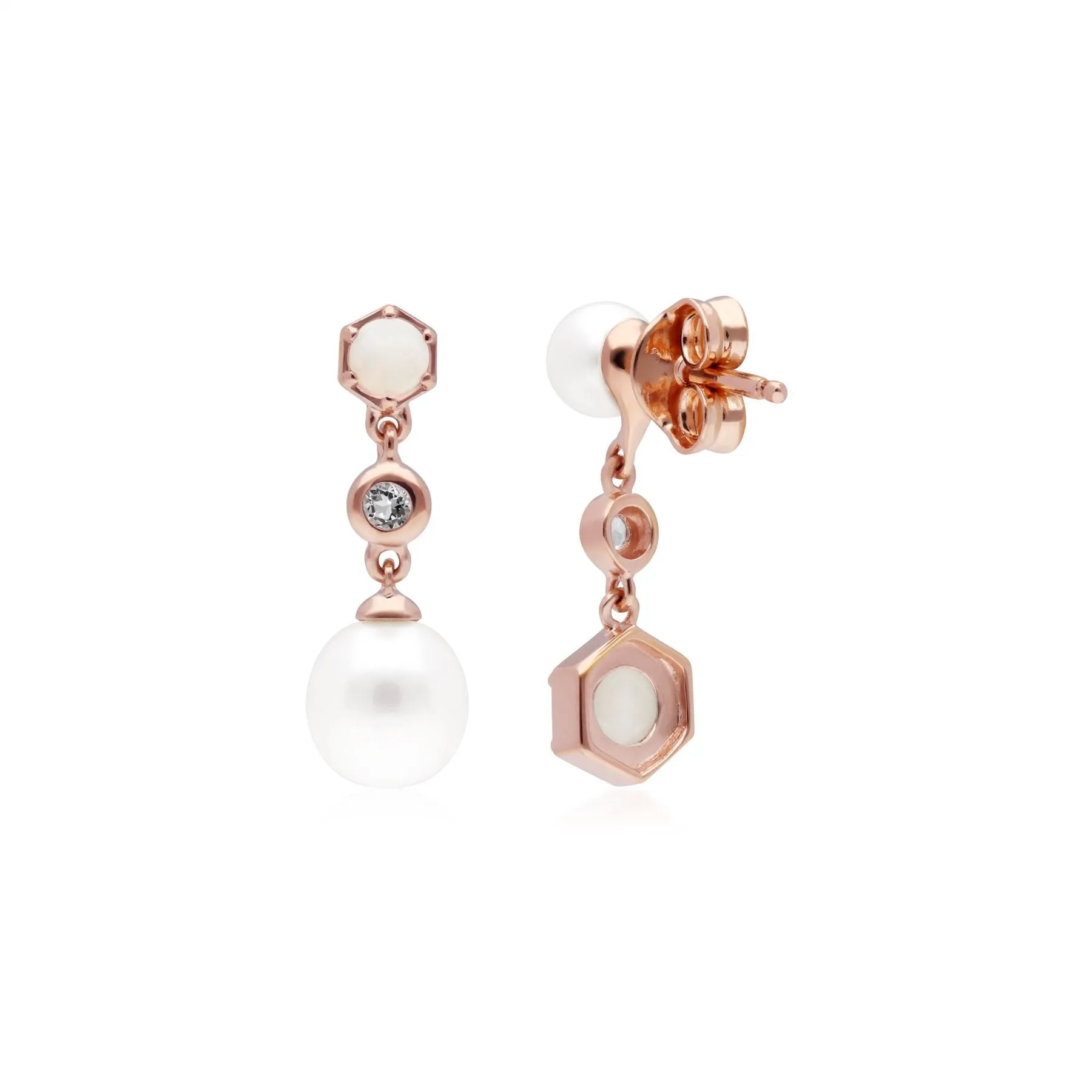 Moderne Perle, Opal & Topas Asymmetrische Tropfen Ohrringe in Rose Vergoldetem Sterling Silber