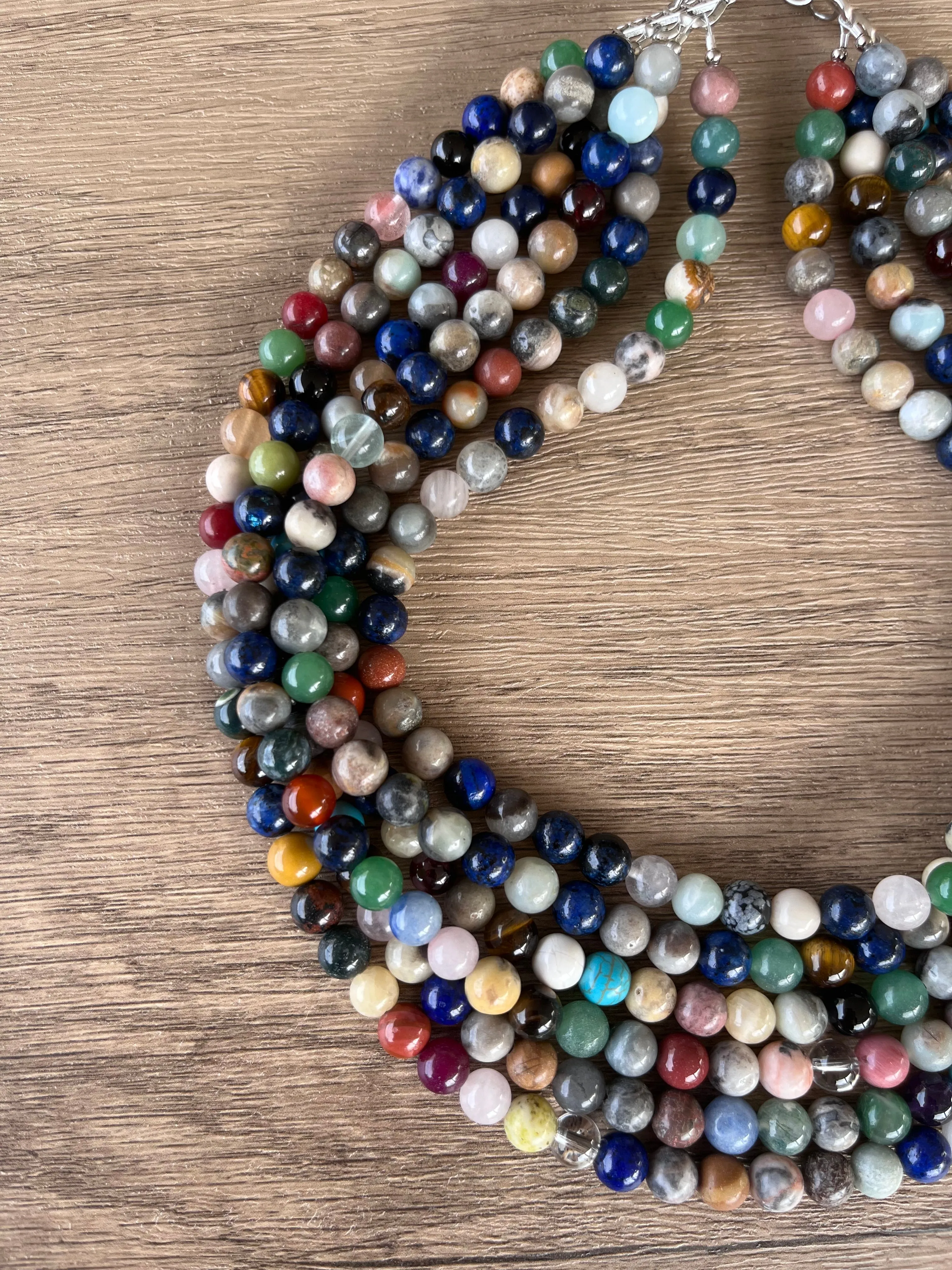 Multi Color Gemstone Beaded Multi Strand Chunky Statement Necklace - Michelle