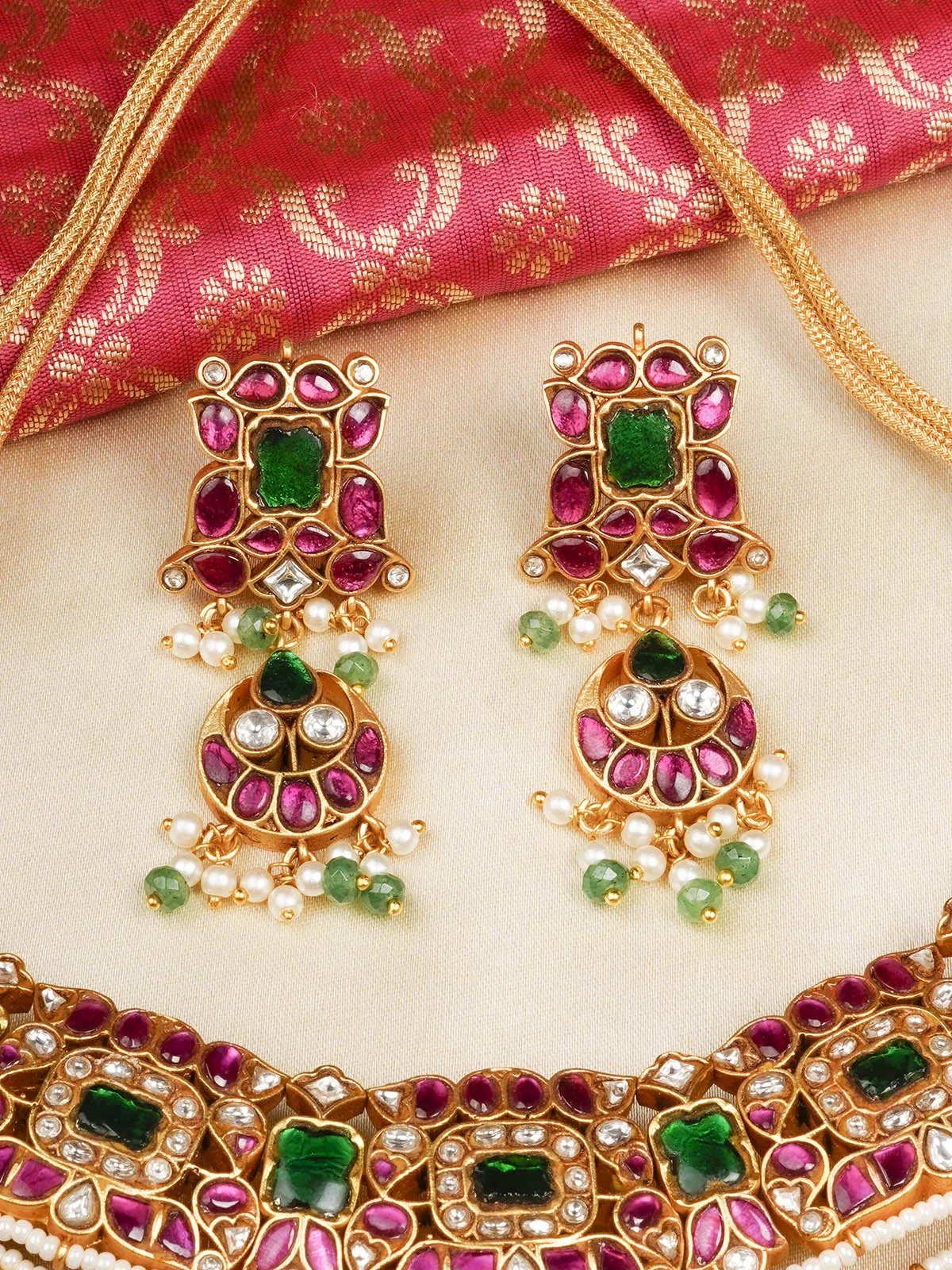 Multicolor Gold Plated Jadau Kundan Bridal Necklace Set - MS2089M
