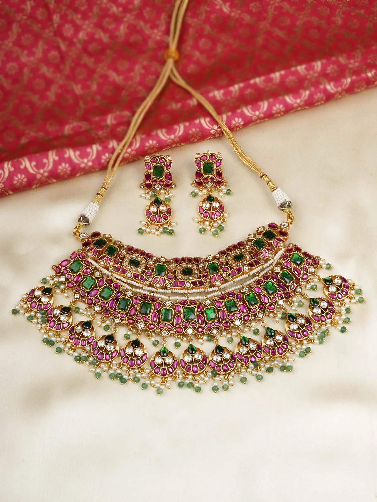 Multicolor Gold Plated Jadau Kundan Bridal Necklace Set - MS2089M