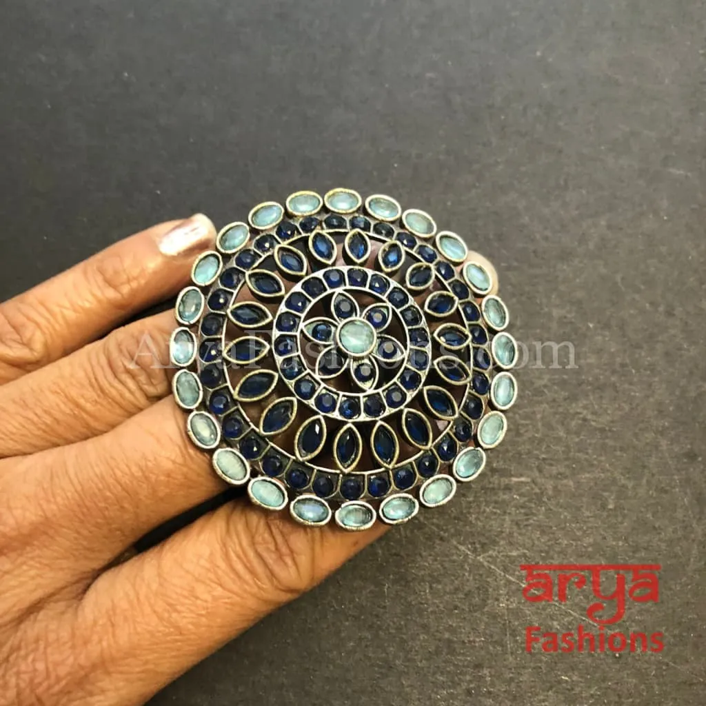 Multicolor Stone Statement Ring/ Oxidized Silver Ethnic Adjustable Ring