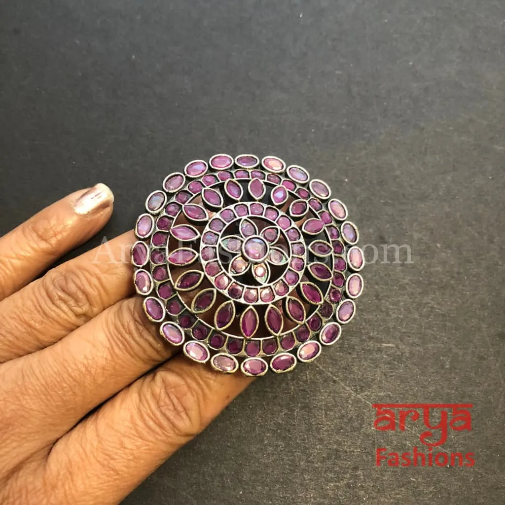 Multicolor Stone Statement Ring/ Oxidized Silver Ethnic Adjustable Ring