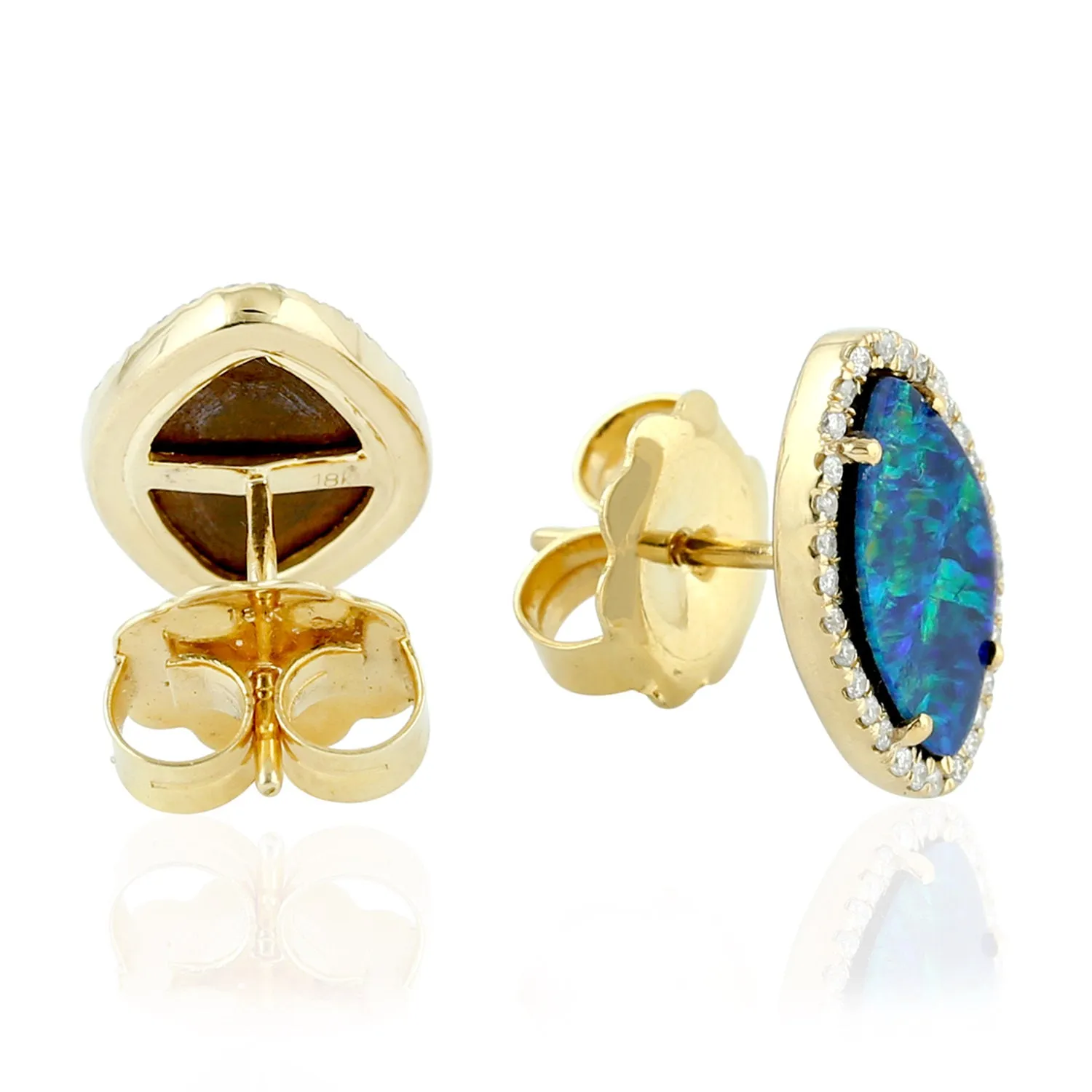 Natural Opal Doublet Prong Diamond Stud Earrings 18K Yellow Gold Jewelry For Her