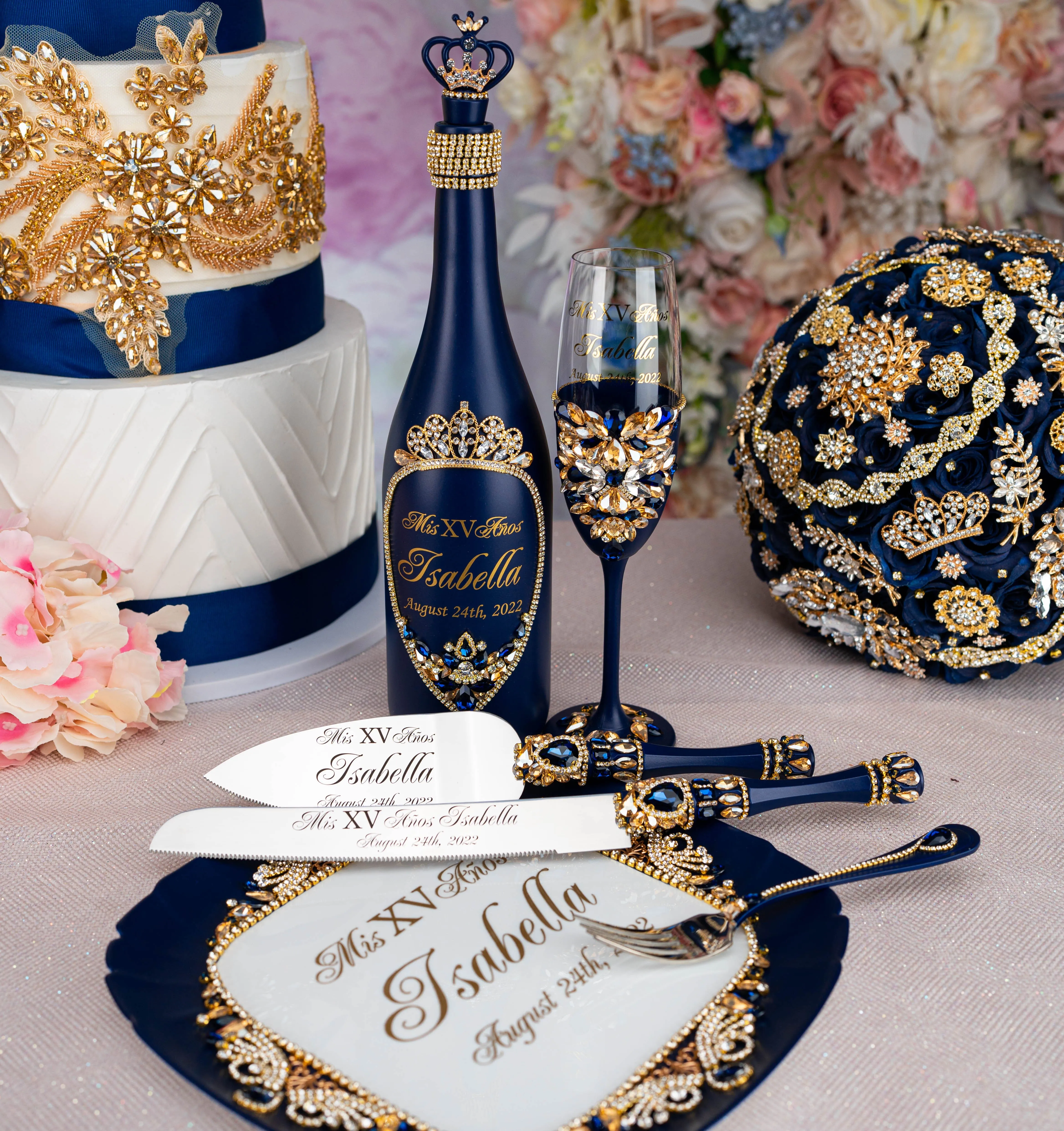 Navy Blue with gold quinceanera tiara pillow