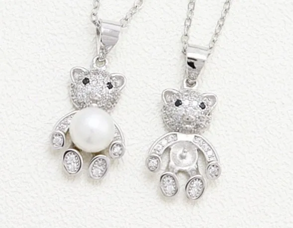 Necklace Pendant Blank Setting Bear Charm 11x25mm Sterling Silver White Gold Fine 925 For One Pearl Prong DIY Jewelry Finding Wholesale 1pc