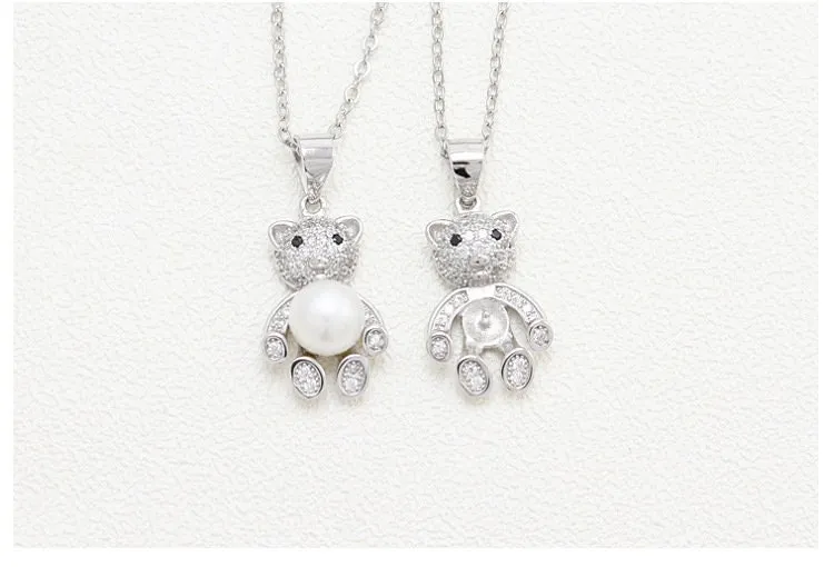 Necklace Pendant Blank Setting Bear Charm 11x25mm Sterling Silver White Gold Fine 925 For One Pearl Prong DIY Jewelry Finding Wholesale 1pc