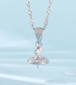 Necklace Pendant Blank Setting Crown Charm 10x22mm Sterling Silver White Gold Fine 925 For One Pearl Prong DIY Jewelry Finding Wholesale 1pc