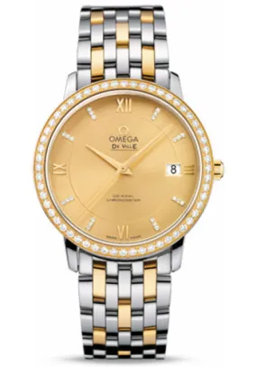 Omega De Ville Prestige Co-Axial Watch - 36.8 mm Steel And Yellow Gold Case - Diamond Bezel - Champagne Diamond Dial - 424.25.37.20.58.001