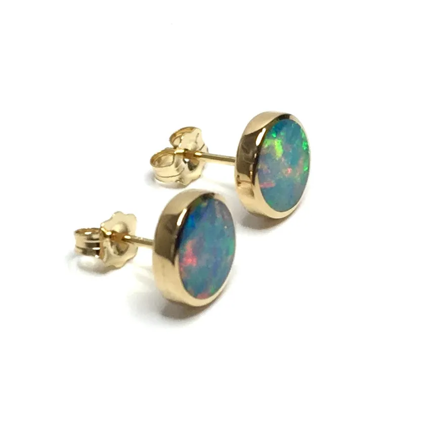 Opal Earrings 9mm Round Inlaid Design Studs