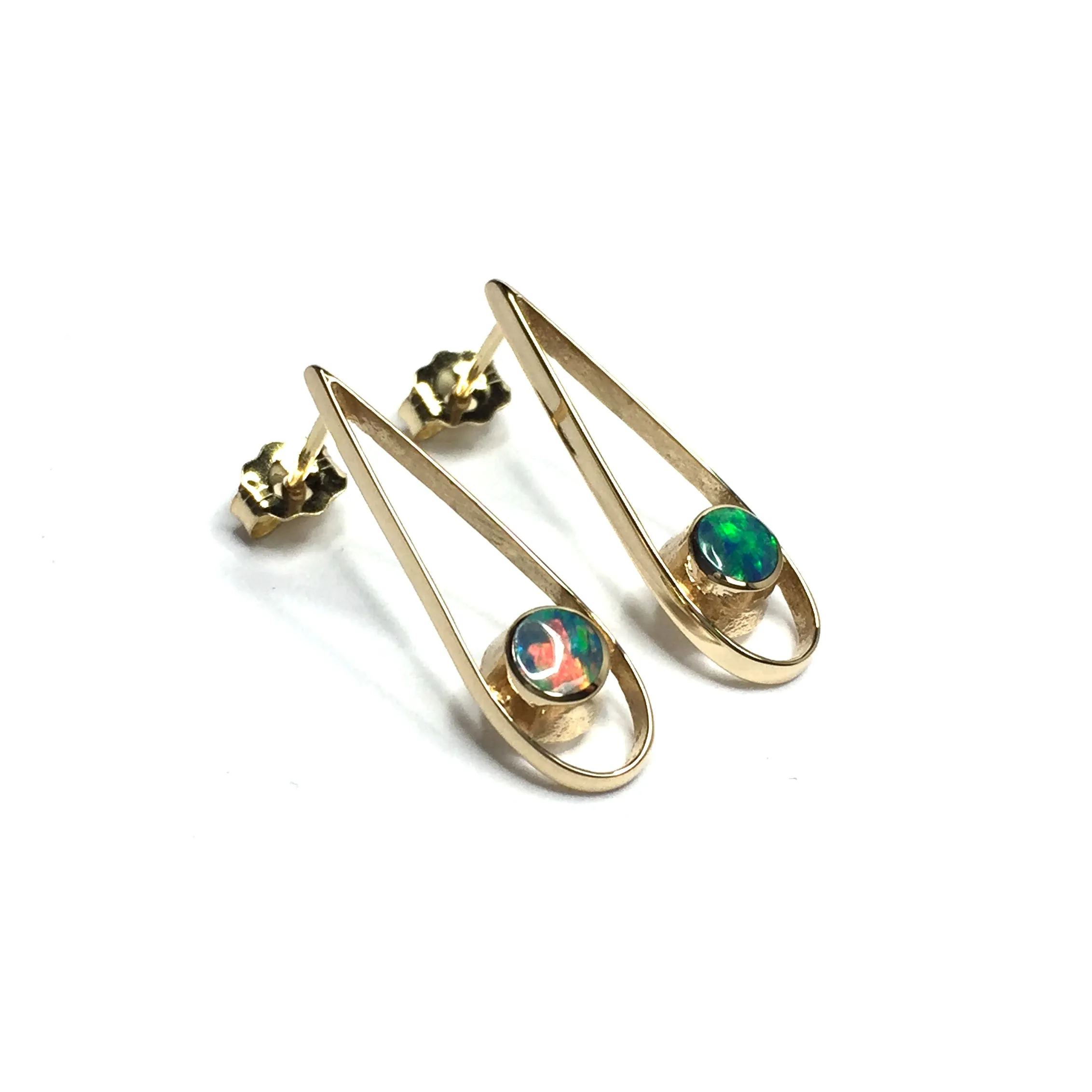 Opal Earrings Round Inlaid Open Tear Drop Design Studs