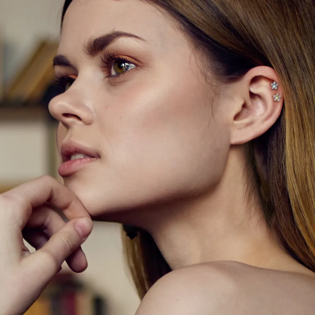 Opal Flower Body Jewellery in 14K Yellow Gold. Labret, Monroe, Tragus and Cartilage Earrings.
