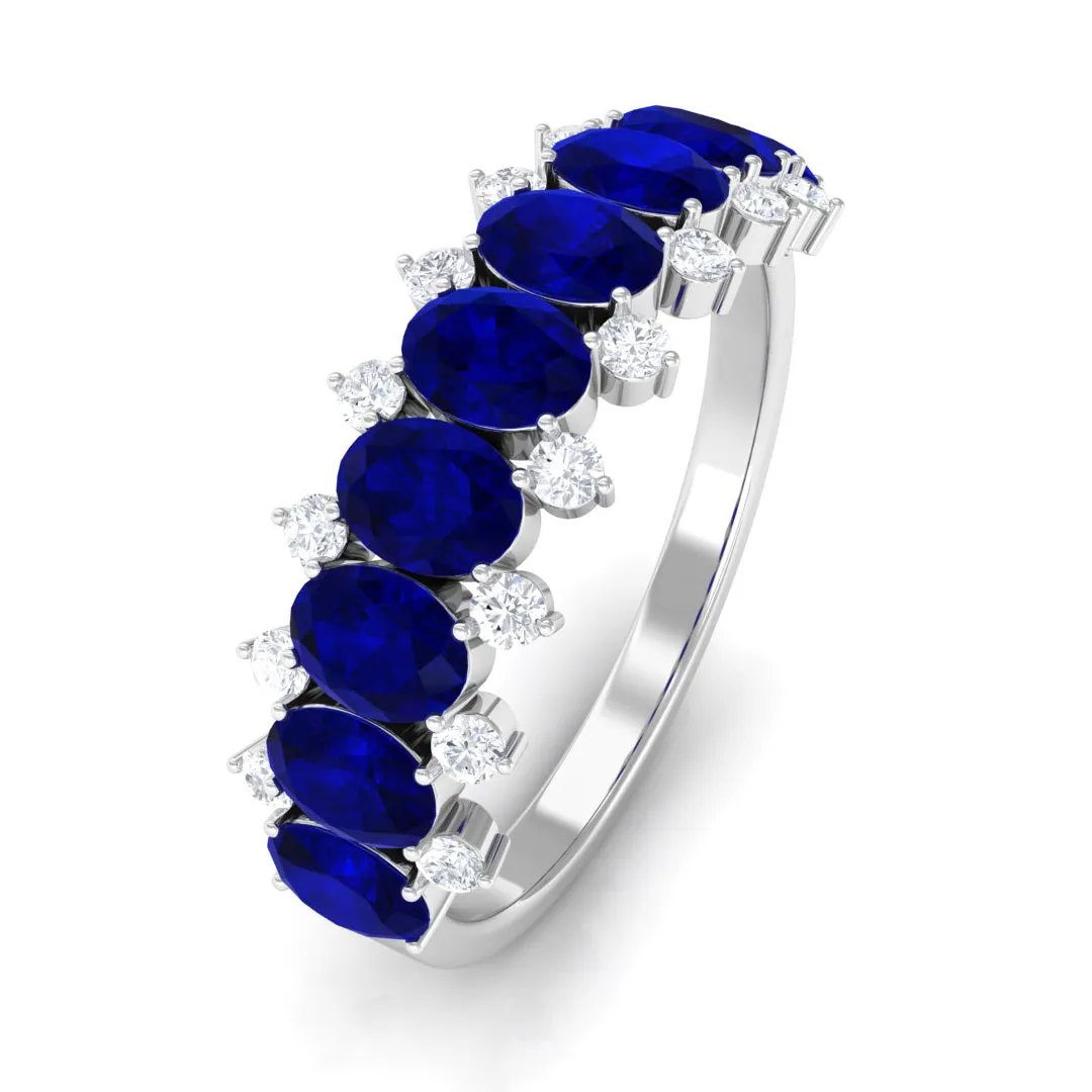Oval Cut Blue Sapphire and Diamond Half Eternity Ring