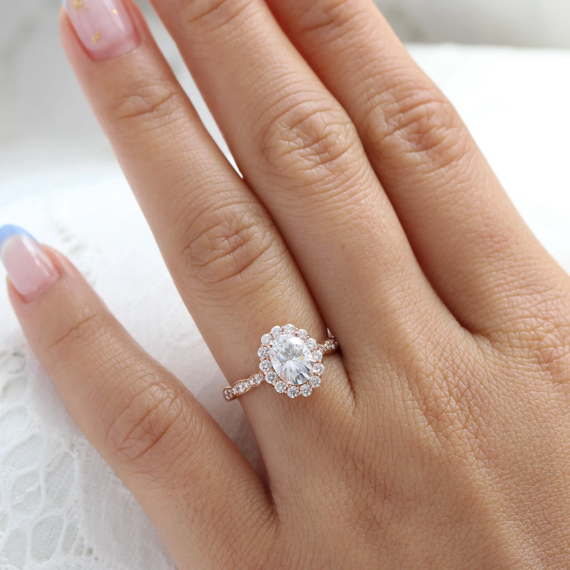 Oval Moissanite Diamond Ring in 14k White Gold Luna Halo Scalloped Band, Size 5.5