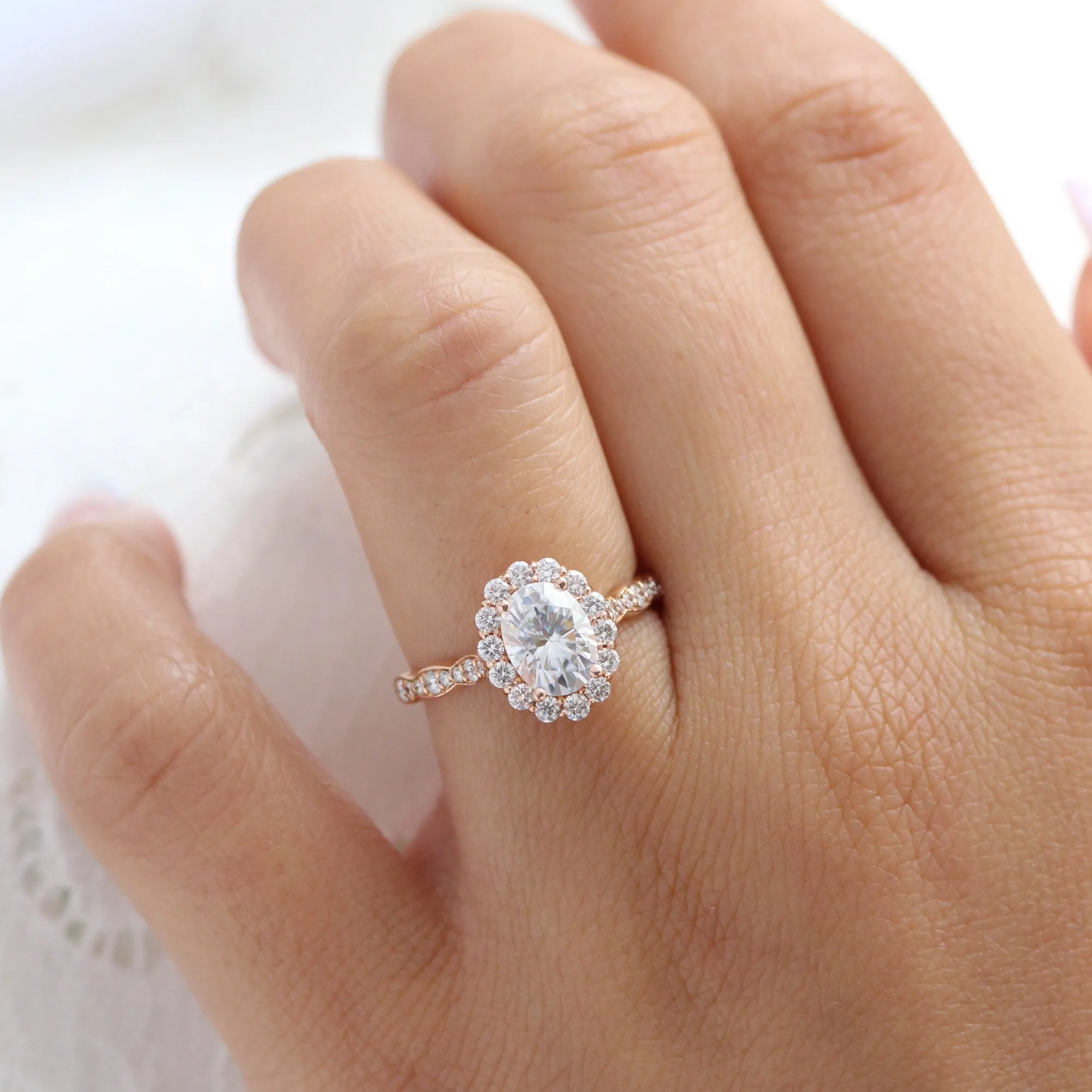Oval Moissanite Diamond Ring in 14k White Gold Luna Halo Scalloped Band, Size 5.5