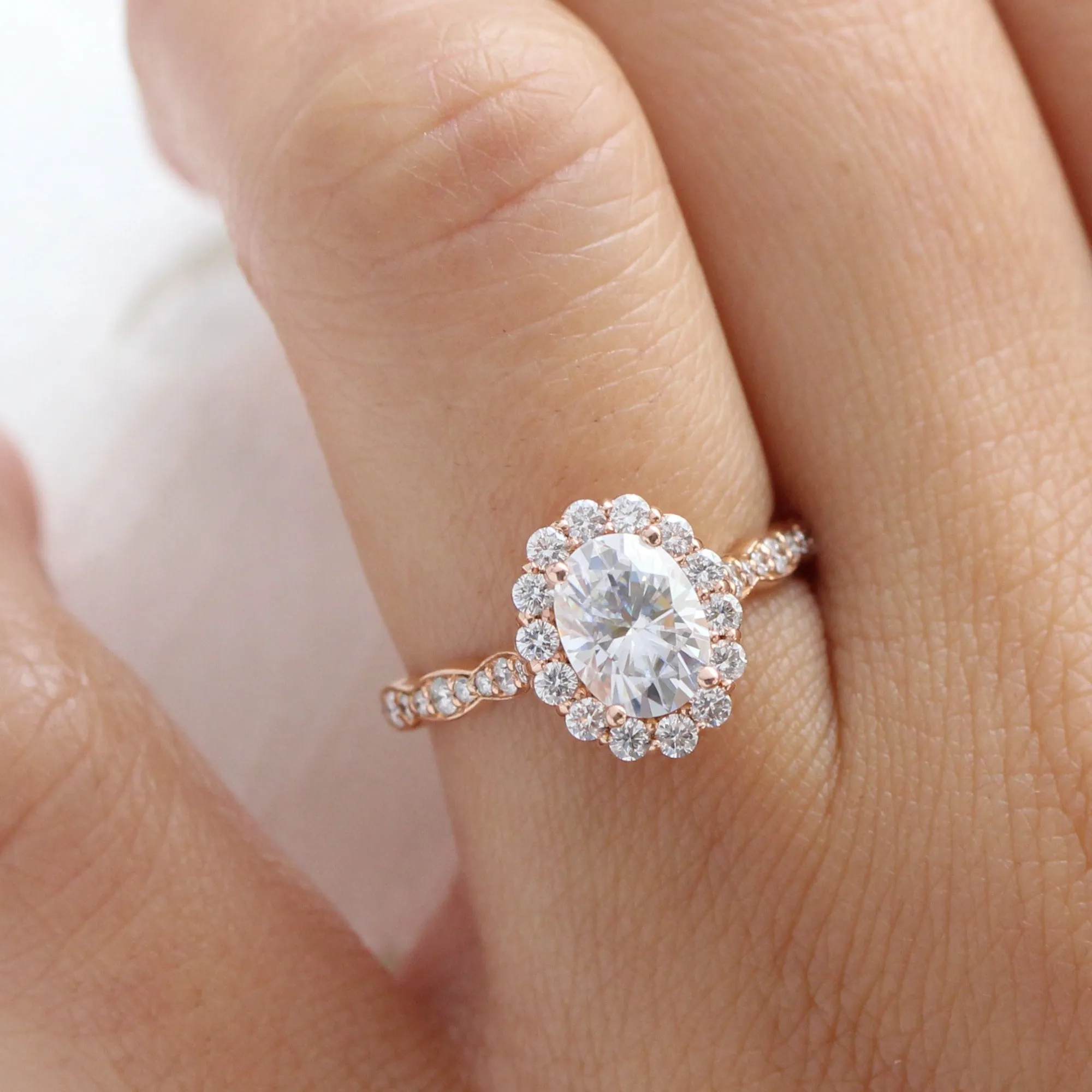 Oval Moissanite Diamond Ring in 14k White Gold Luna Halo Scalloped Band, Size 5.5