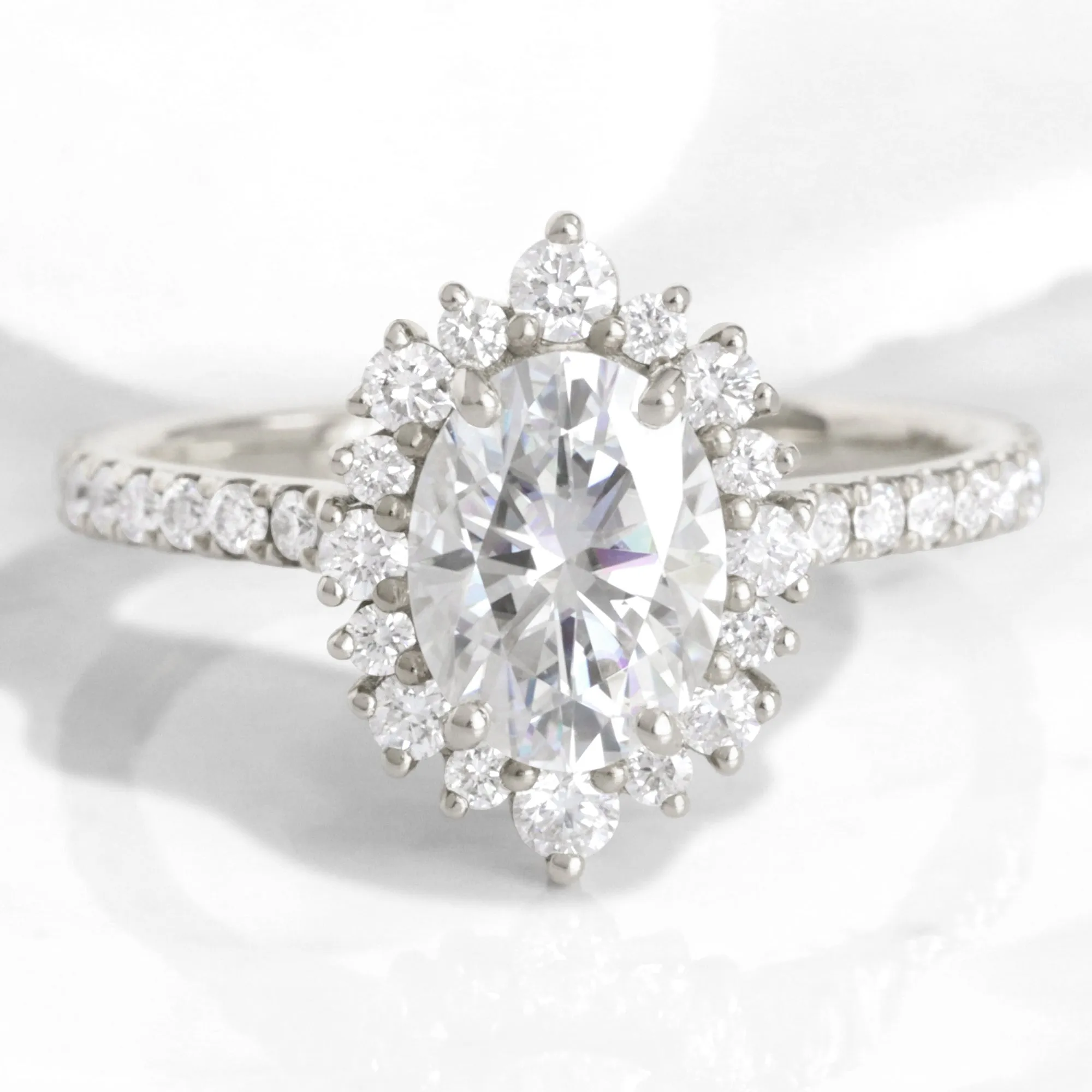 Oval Moissanite Engagement Ring in Tiara Halo Diamond Pave Band
