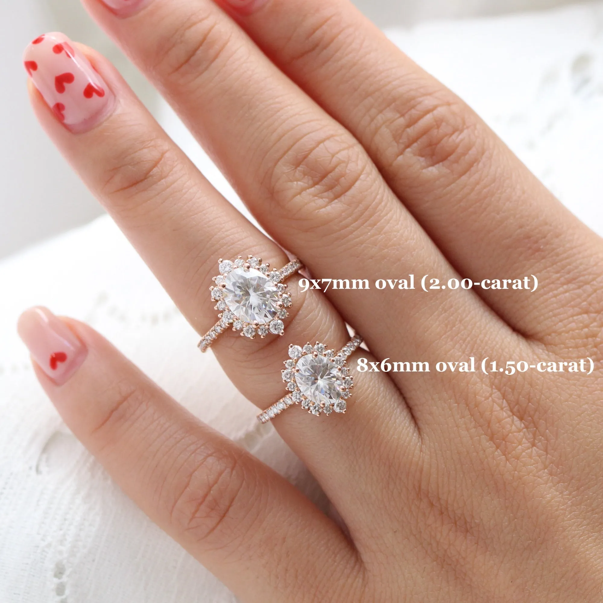 Oval Moissanite Engagement Ring in Tiara Halo Diamond Pave Band