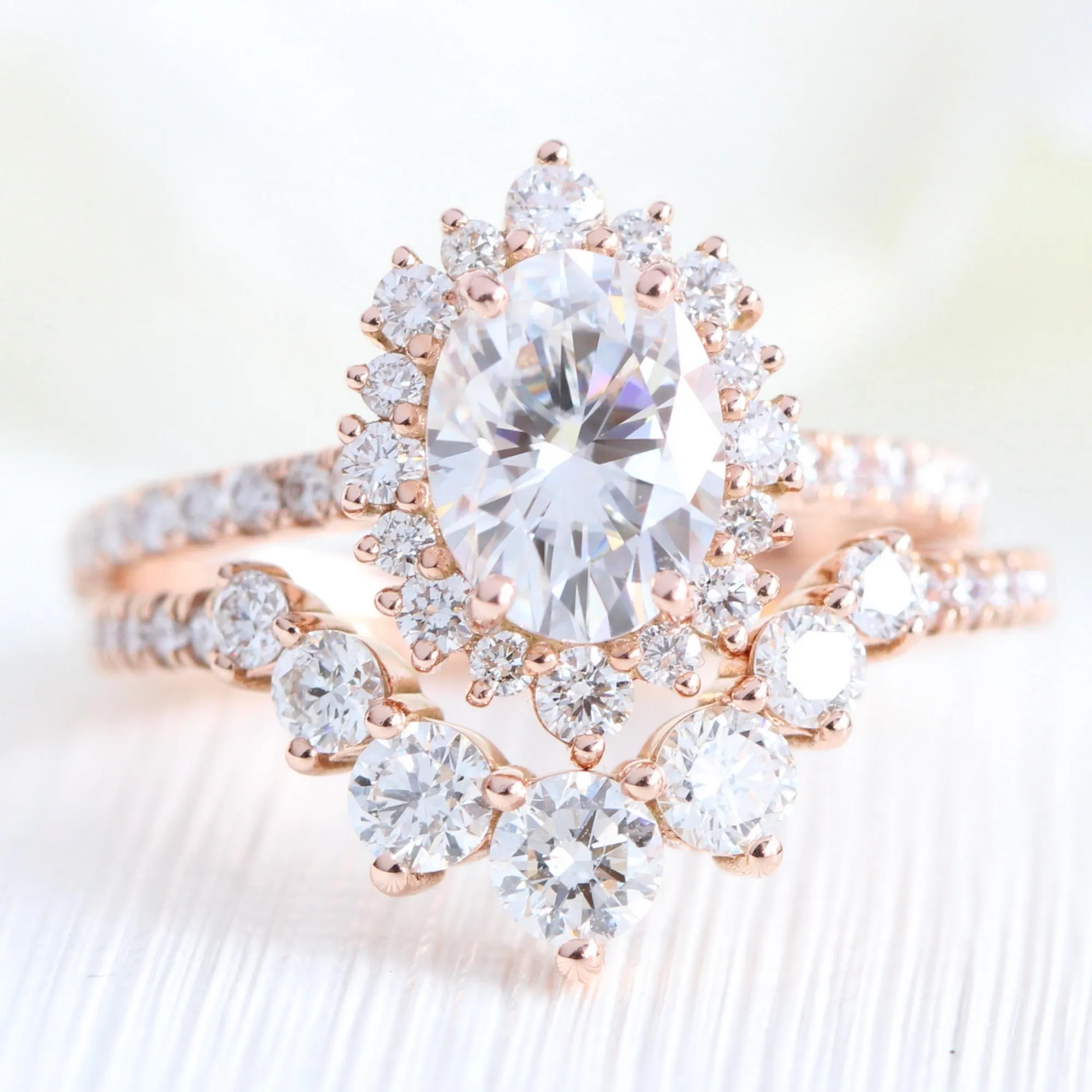 Oval Moissanite Engagement Ring in Tiara Halo Diamond Pave Band