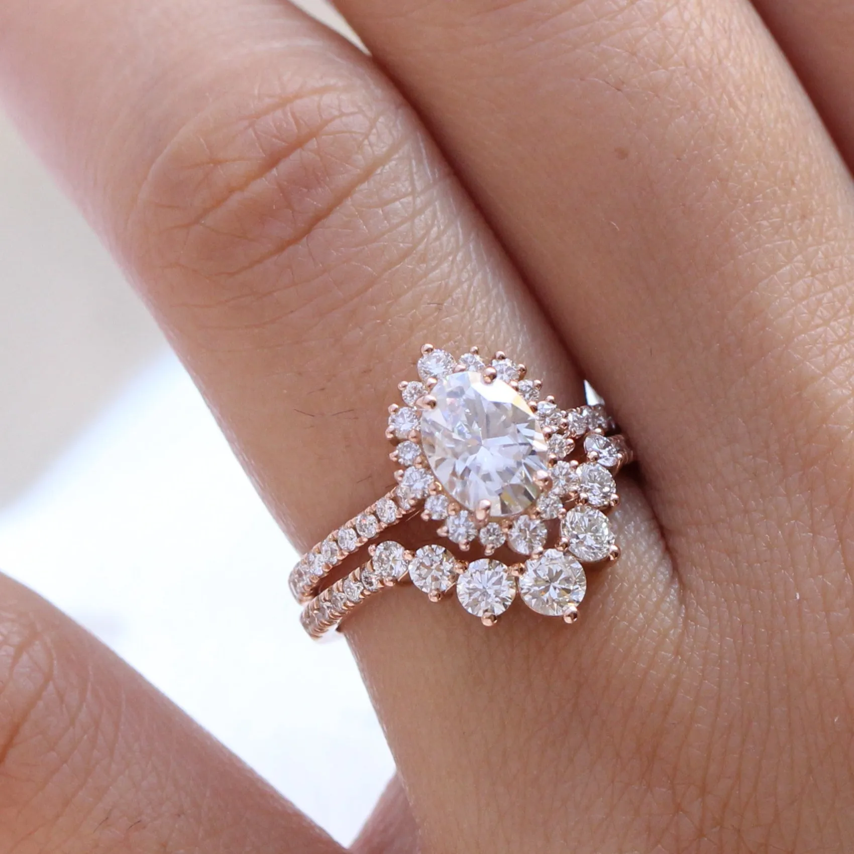 Oval Moissanite Engagement Ring in Tiara Halo Diamond Pave Band