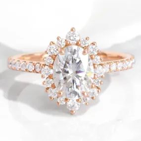 Oval Moissanite Engagement Ring in Tiara Halo Diamond Pave Band