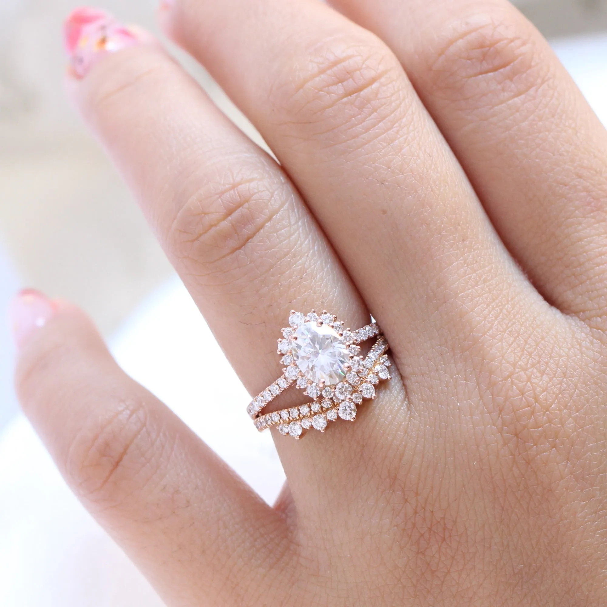 Oval Moissanite Engagement Ring in Tiara Halo Diamond Pave Band