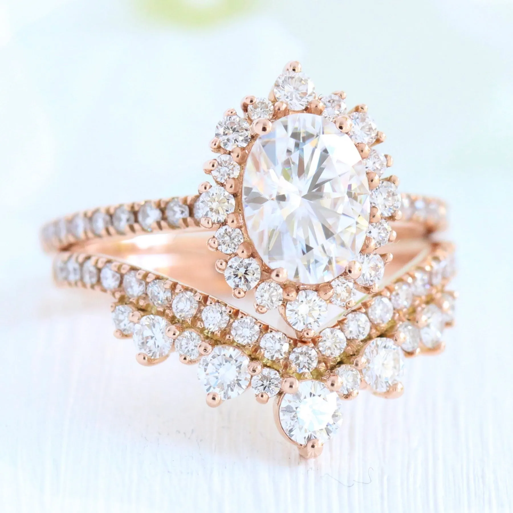 Oval Moissanite Engagement Ring in Tiara Halo Diamond Pave Band
