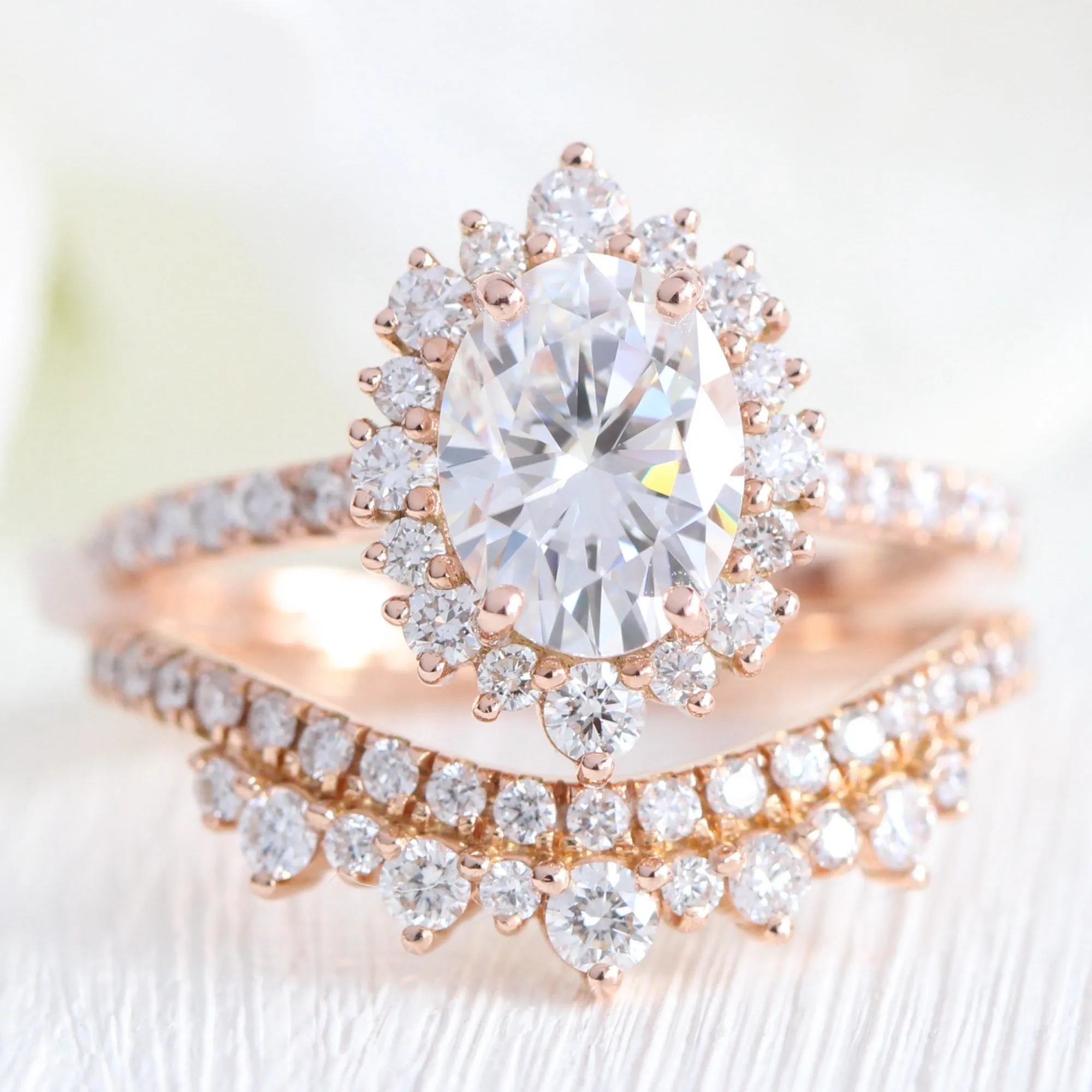 Oval Moissanite Engagement Ring in Tiara Halo Diamond Pave Band