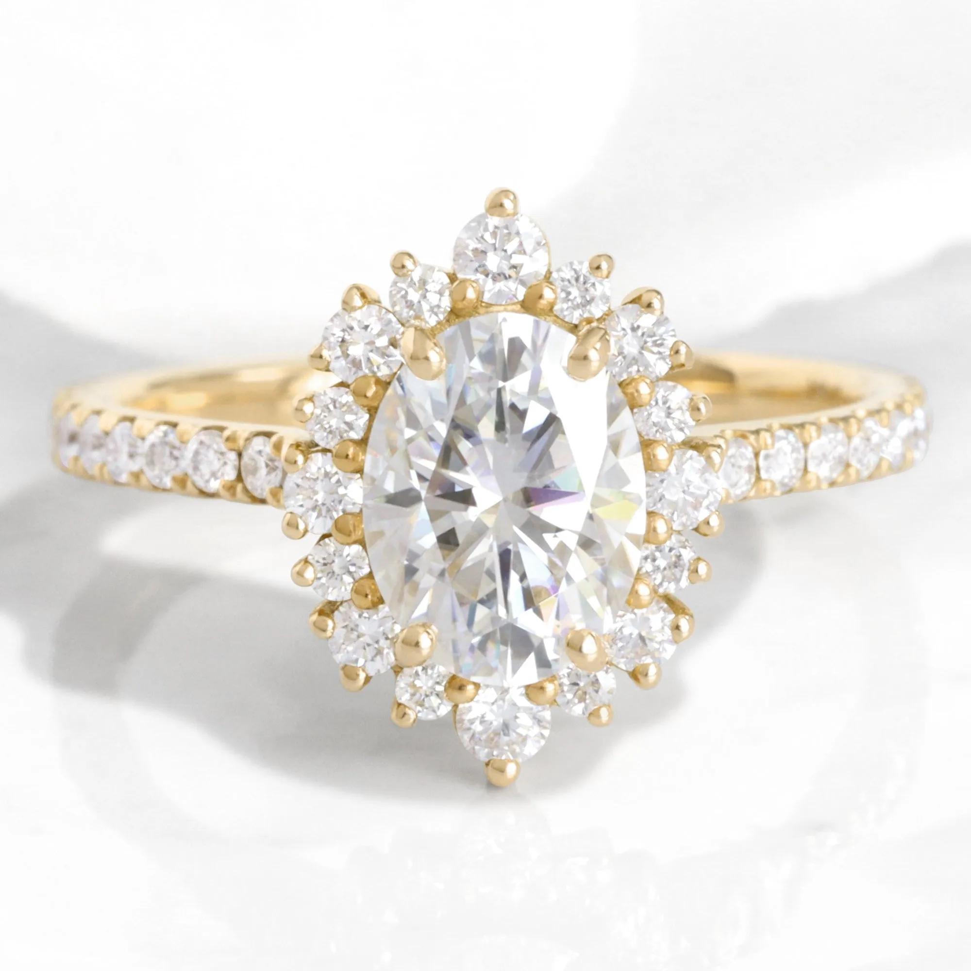 Oval Moissanite Engagement Ring in Tiara Halo Diamond Pave Band