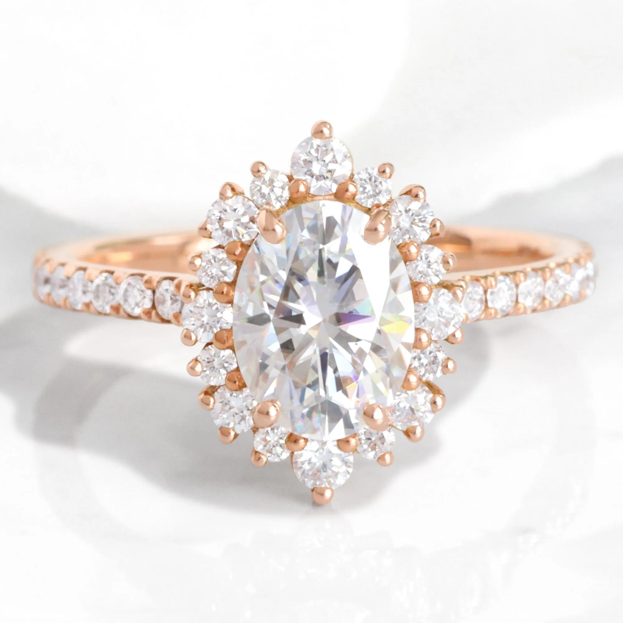 Oval Moissanite Engagement Ring in Tiara Halo Diamond Pave Band