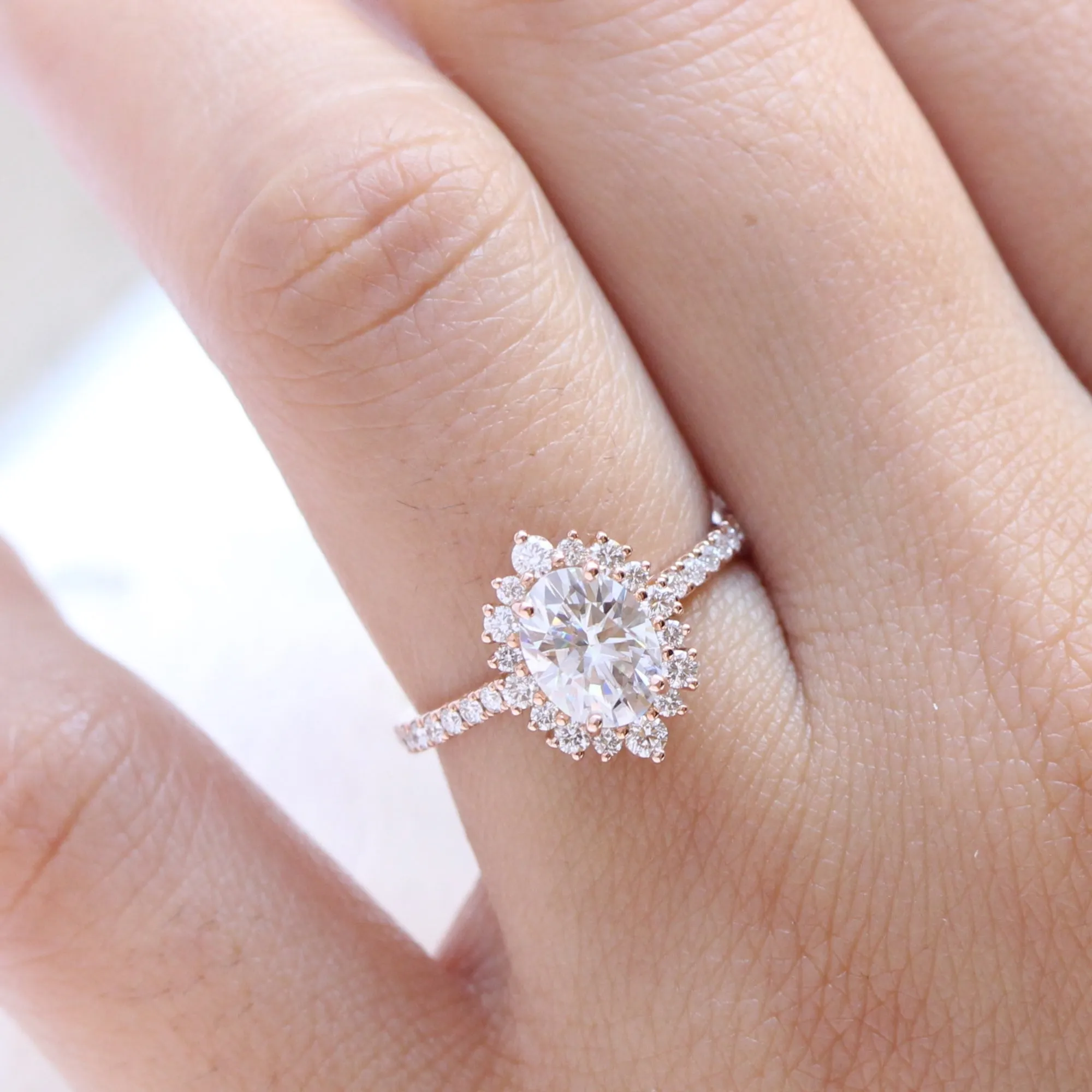 Oval Moissanite Engagement Ring in Tiara Halo Diamond Pave Band