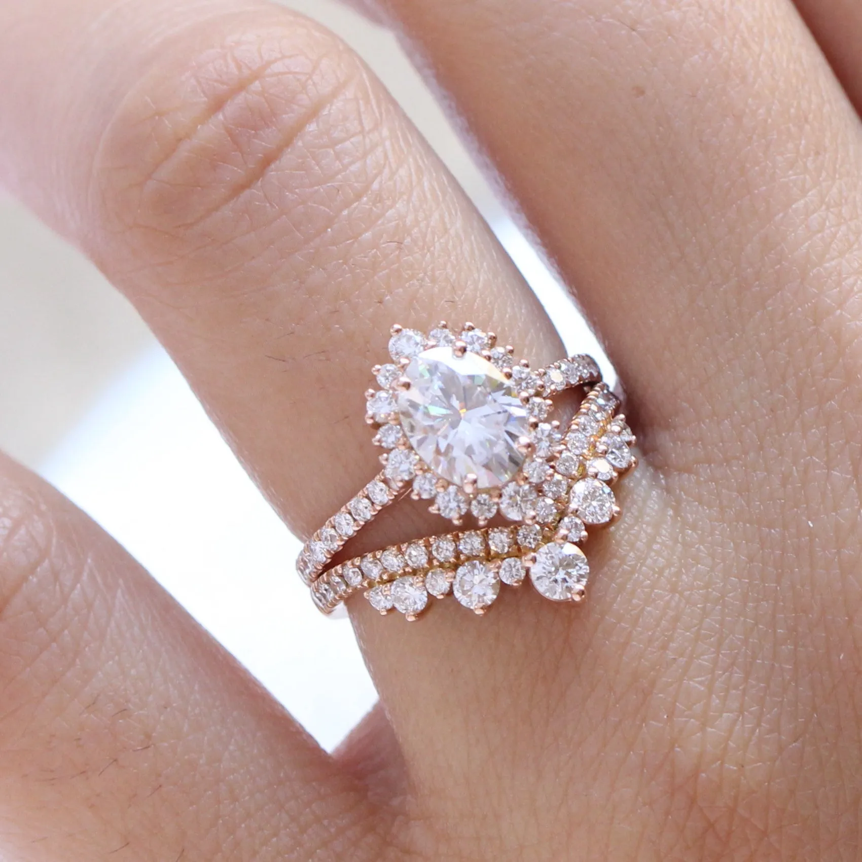 Oval Moissanite Engagement Ring in Tiara Halo Diamond Pave Band