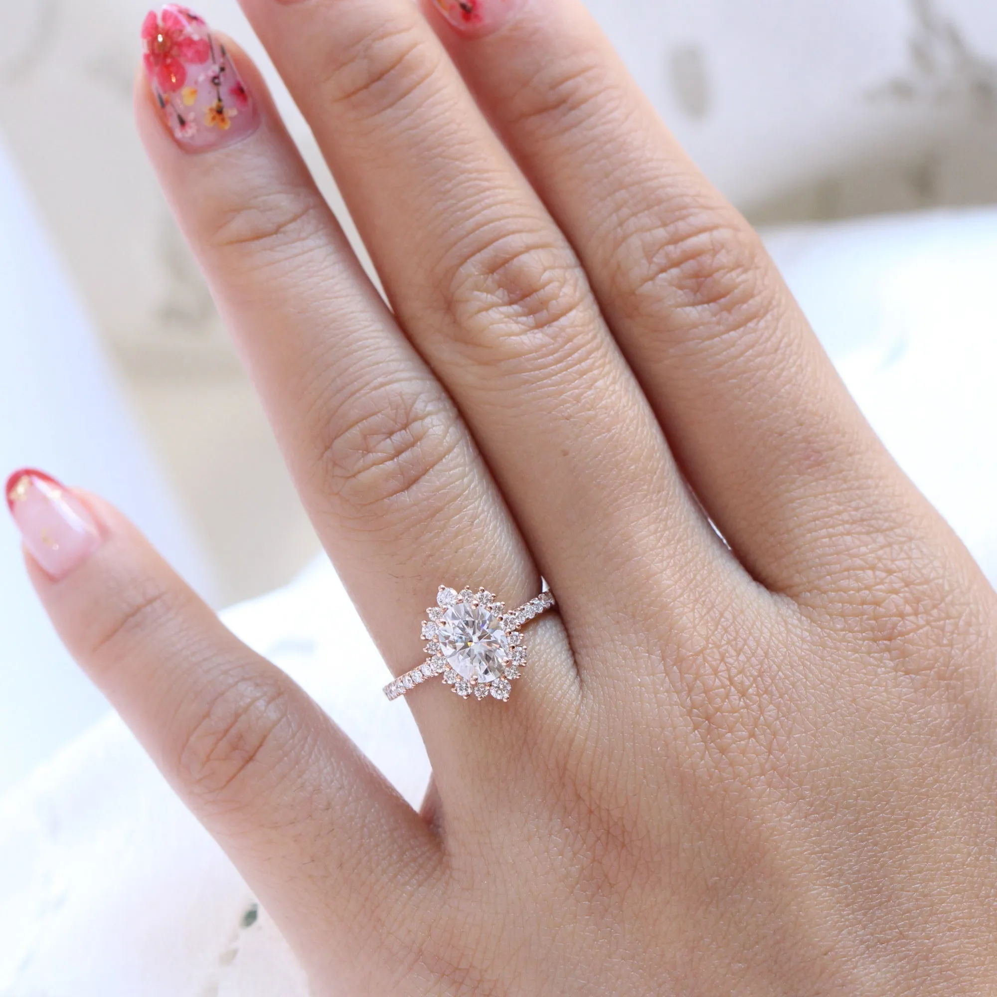 Oval Moissanite Engagement Ring in Tiara Halo Diamond Pave Band