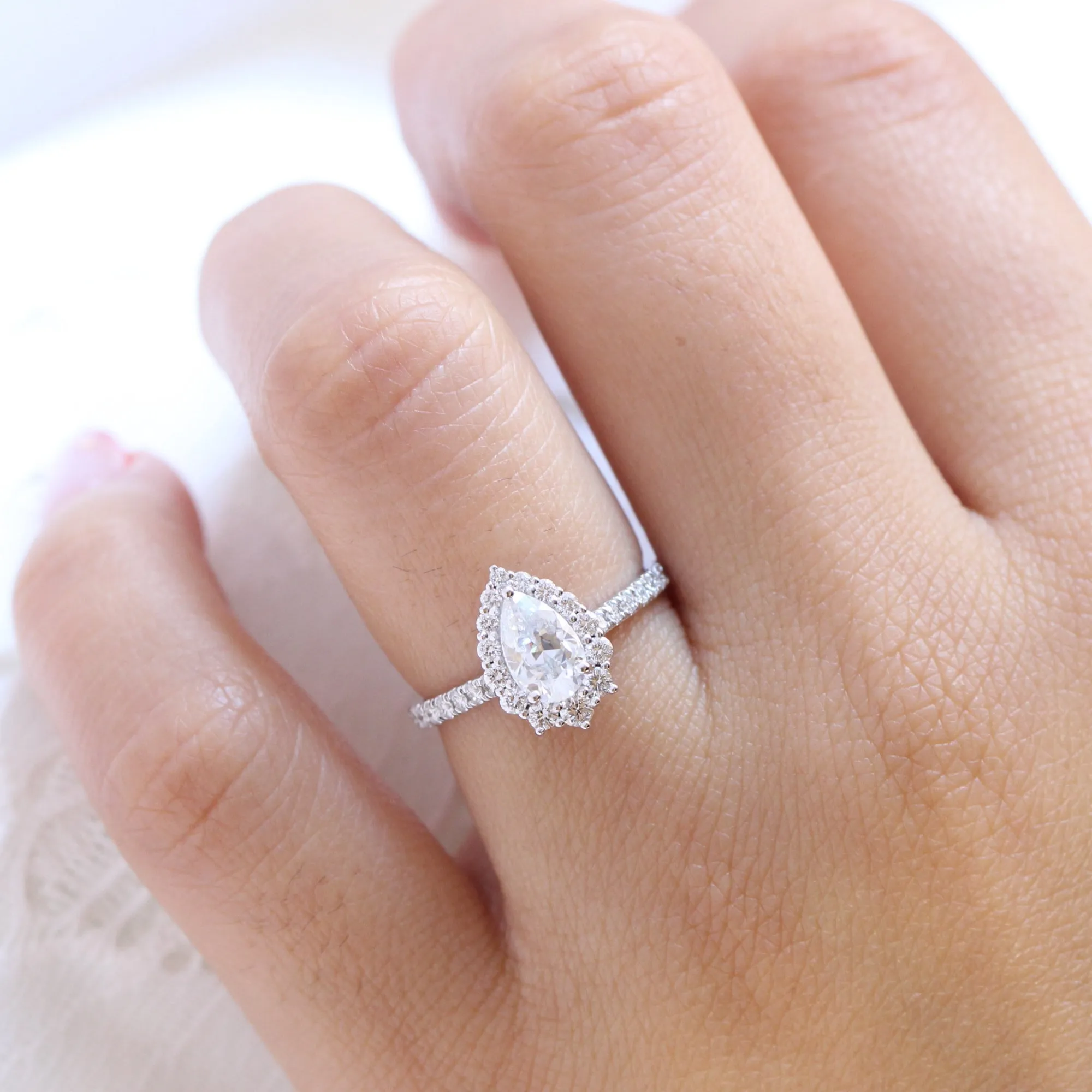 Pear Moissanite Diamond Ring in 14k White Gold Tiara Halo Pave Band, Size 5.75