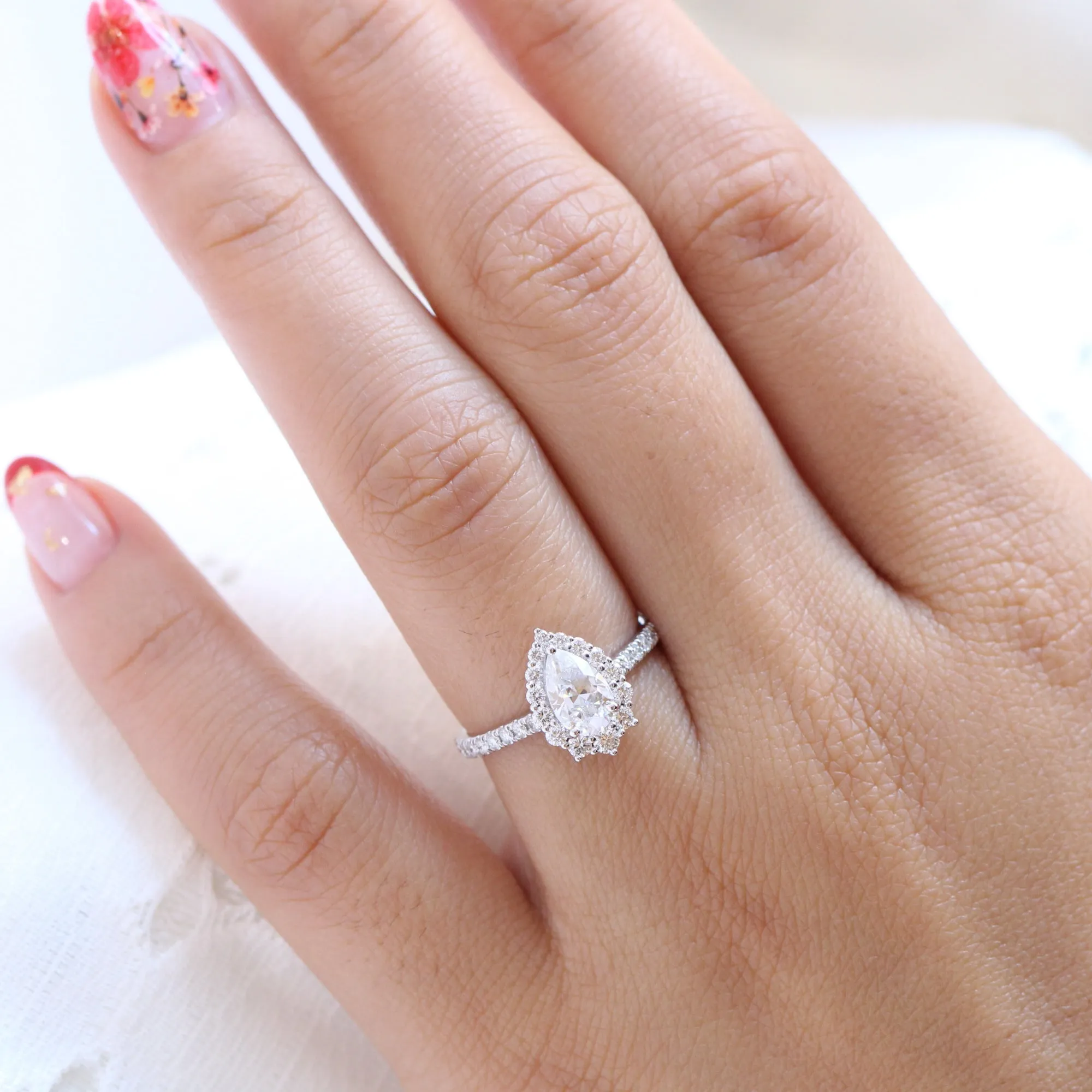 Pear Moissanite Diamond Ring in 14k White Gold Tiara Halo Pave Band, Size 5.75